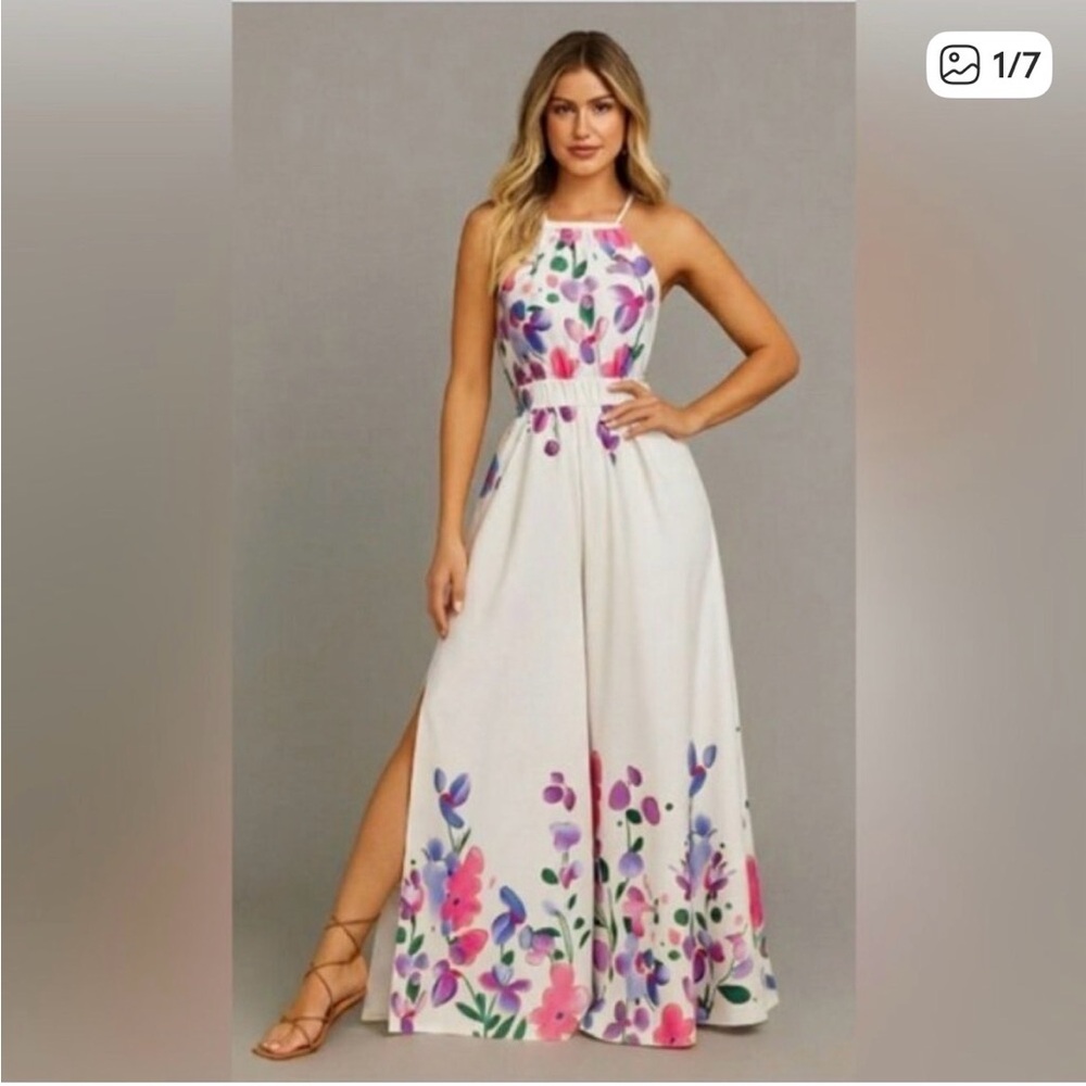 🔥 Boho Split Sides Floral Wide Leg Jumpsuit White. NWT